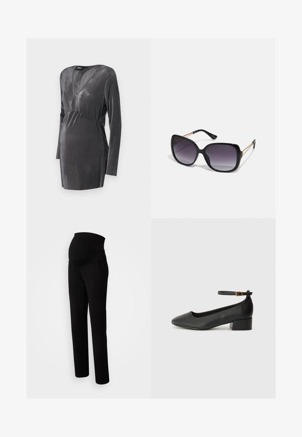 Fekete és ezüst csíkos kismama ruha V nyakkivágással, hosszú ujjal és emelkedett derékvonallal, a kényelem és a stílus érdekében a terhesség alatt.; Fekete kismama nadrág, rugalmas derékkal a kényelemért, oldalzsebekkel, egyenes szárú kialakítással és puha szövet textúrával.; Fekete bőr magassarkú cipő hegyes orral és alacsony tömb sarkal. Bokapánttal rendelkezik, aranyszínű csattal. Simább textúra.; Fekete, oversize napszemüveg fokozatos árnyalatú lencsékkel, vastag kerettel és arany színű lánc díszítéssel a szárakon.