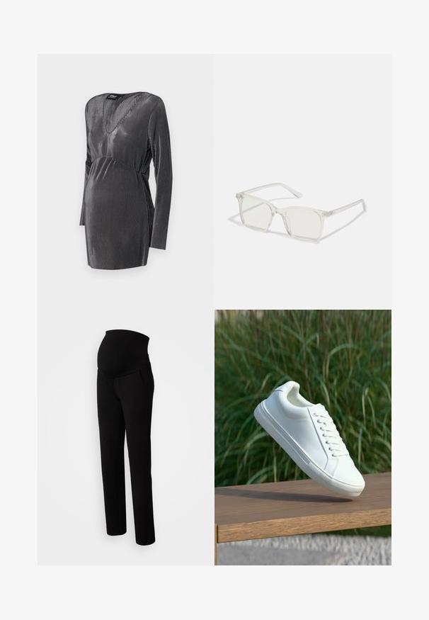Juoda ir sidabrinė juostuota nėščiųjų suknelė su V formos iškirpte, ilgomis rankovėmis ir imperijos juosmens linija, sukurta komfortui ir stiliui nėštumo metu.; Juosmens kelnės nėščioms moterims juodos spalvos, su tampriomis juosmens juostomis patogumui, šoninėmis kišenėmis, tiesių kojų dizainu ir švelnaus audinio tekstūra.; Balti odiniai sportbačiai su apvalia nosimi, raištelių užsegimu ir tekstūruotu gumuotu padu, pristatyti prieš neryškų žolės fono.; Permat nuleidžiai skaidrūs kvadrato formos akinius su permatomais lęšiais, kurie turi auksines detales ant šventyklų.