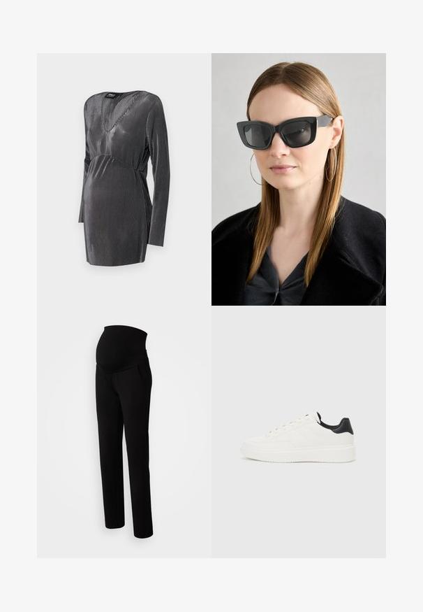 Crna i srebrna prugasta haljina za majke s V-izrezom, dugim rukavima i empajer strukom, dizajnirana za udobnost i stil tijekom trudnoće.; Trudničke hlače u crnoj boji, s rastezljivim pojasom za udobnost, bočnim džepovima, ravnim krojem i mekim materijalom.; Bijela kožna tenisica s utisnutim uzorkom, teksturiranom bijelom potplatom i crnim naglaskom na peti. Ima zaobljen nos i ravne vezice.; Crne mačje naočale s tamnim staklima, debelim okvirima i suptilnim detaljima. Nosit će se s crnim kaputom i sivoj majici, s dugom ravnom kosom.