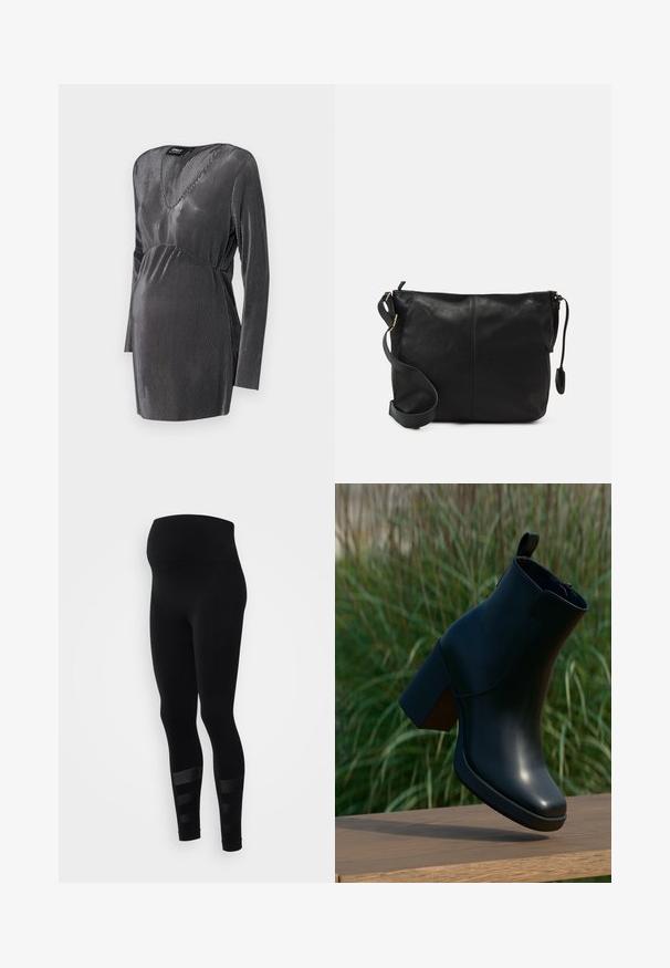 Abito premaman a strisce nere e argentate con scollatura a V, maniche lunghe e linea sotto il seno, progettato per comfort e stile durante la gravidanza.; Leggings neri con vita alta, realizzati in tessuto elastico. Presentano strisce orizzontali sul polpaccio per un tocco di design in più.; Stivaletto alla caviglia in pelle nera con tacco a blocco sospeso sopra una superficie in legno, erba verde sfocata sullo sfondo.; Borsa a tracolla in pelle nera con forma piatta, dettagli in metallo dorato e tracolla regolabile. Texture liscia con dettagli di cucitura minimi.; Orecchini a cerchio in argento decorati con numerosi abbellimenti in cristallo trasparente, con una superficie testurizzata e un design circolare aperto.