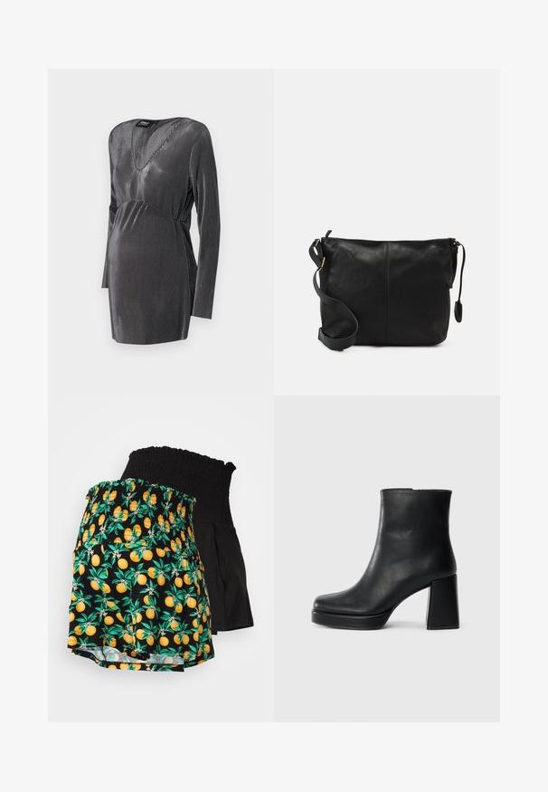 Mustavalkoraitaline raseduskleit V-kaelusega, pikkade varrukatega ja kõrgendatud taljejoonega, loodud mugavuse ja stiili jaoks raseduse ajal.; Kaks lühikesed püksid: üks musta smock-vöökohtadega ja musta kehaga, teine aga erksat kollase-oranži tsitrusetrüki mustal taustal.; Must musta ankle boot, milleplokk-konts ja platvormi tallaga, vaadatud küljelt ühetoonilise valge tausta peal.; Must värvi nahast ristiõlakott, millel on lame kuju, kuldne metallist detailide aktsent ja reguleeritav rihm. Sile tekstuur väheste õmblusdetailidega.