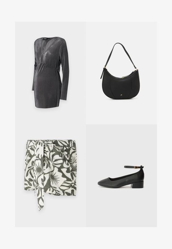 Zwart en zilver gestreepte zwangerschapsjurk met een V-hals, lange mouwen en een empire taille, ontworpen voor comfort en stijl tijdens de zwangerschap.; Groene en witte bloemenpatroon wikkelrok met een gestrikt ceintuur, gemaakt van lichte stof, met een relaxte pasvorm en zijplooien.; Zwarte leren pump met een spitse neus en een lage blokhak. Beschikt over een enkelband met een goudkleurige gespsluiting. Gladde textuur.; Zwarte leren handtas met een gebogen vorm, textuuroppervlak, voornaden en een logo in goudkleur. Beschikt over een enkele verstelbare schouderband.