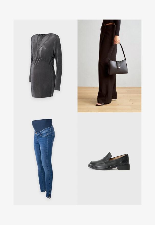 Těhotenské šaty černé a stříbrné pruhované, s V výstřihem, dlouhými rukávy a empírovým pasem, navržené pro pohodlí a styl během těhotenství.; Těhotenské džíny v tmavě modrém denimovém provedení. Úzký střih s pružným a podpůrným pásem na břiše. Obsahuje boční zipy na kotnících.; Černý kožený mokasín s nízkým podpatkem, který má prošívaný design a styl obouvání bez zpevnění, umístěný na jednobarevném bílém pozadí.; Černá kabelka se strukturovaným tvarem, hladkým povrchem a kovovým uzávěrem. Kombinována s širokými černými kalhotami a sandály s otevřenou špičkou na dřevěné podlaze.