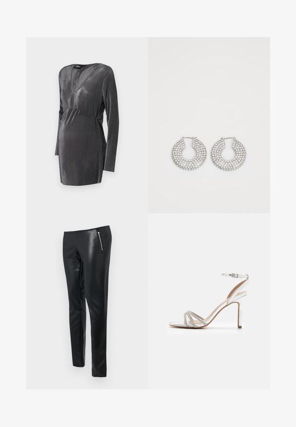 Svart og sølvstripet graviditetskjole med V-hals, lange ermer og empireliv, designet for komfort og stil under graviditeten.; Sorte faux skinnbukser med slim fit, featuring en glidelåslomme foran og en glatt, glansfull tekstur.; Sølv høyhælte sandaler med flere stropper som har smykkesten, åpen tå-design og ankelspenne. Glatt metallisk finish.; Sølv hoop øredobber prydet med flere klare krystallpynt, med en teksturert overflate og et åpent sirkulært design.