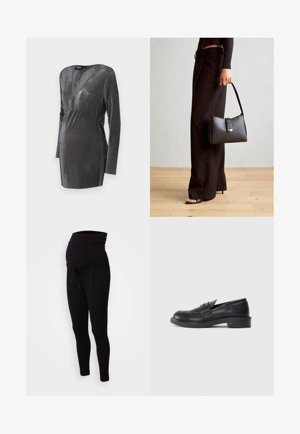 Black and silver striped maternity dress with a V-neck, long sleeves, and an empire waistline, designed for comfort and style during pregnancy.; Black maternity joggers with a stretchy waistband, drawstring detail, and tapered legs. Made of soft, flexible fabric for comfort.; Black leather loafers with a rounded toe, stitched detailing, and a small heel. Smooth texture and a flexible rubber sole.; Black handbag with structured shape, smooth texture, and a metallic clasp. Paired with wide black pants and open-toe sandals on wooden floor.