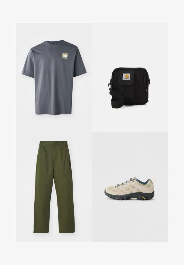 Gray short-sleeve t-shirt made of cotton with a small floral graphic on the chest. Crew neck design, soft texture, and relaxed fit.; Olive green, high-waisted pants with a straight leg design. Made of a lightweight fabric, featuring front pleats and a button closure.; Light beige hiking shoe with green accents, mesh and suede materials, textured sole with pronounced tread, and Vibram branding on the heel.; Black crossbody bag with a zippered main compartment, front pocket, adjustable strap, and a visible logo patch on the flap.