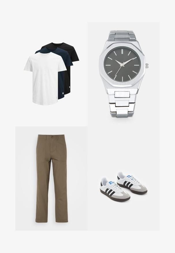 Three short-sleeve T-shirts in white, dark navy, and black. Made from cotton, featuring a crew neck and straight hem. Simple design, no patterns.; Khaki cotton pants with a straight-leg design, featuring two front pockets, a button closure, and a smooth texture.; Sport shoes with a white leather upper, gray suede toe, and three black stripes. Features a blue logo on the tongue and a textured rubber sole.; Silver analog watch with an octagonal case, gray dial, silver hour markers, and a stainless steel link bracelet. Minimalist design with smooth texture.