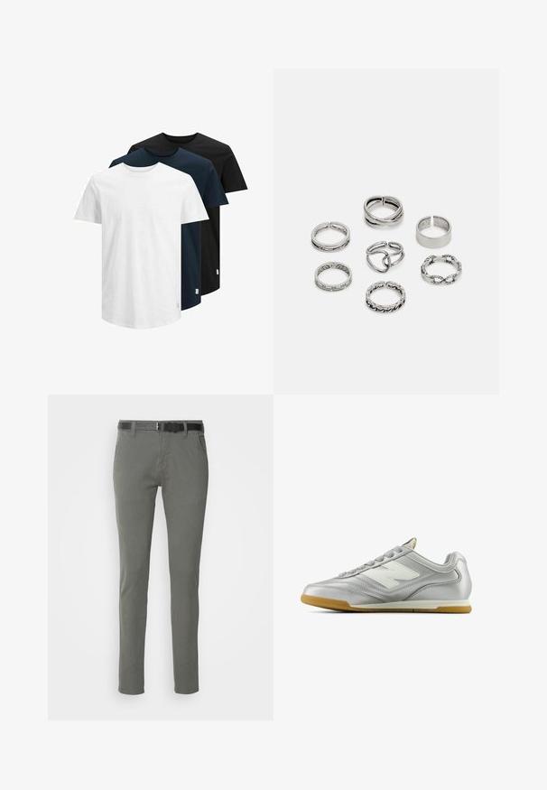Tre kortermede T-skjorter i hvit, mørk marineblå og svart. Laget av bomull, med rund hals og rett skjæring. Enkelt design, uten mønstre.; Grå bomullchinos med slim fit, med et svart belte, to sidelommer og et enkelt design. Myk tekstur uten synlige mønstre.; Sølv idrettssko med en glatt, blank overflate, hvit logo på siden, teksturerte grå snører, og såle av gummigummi.; Sett med sju sølvringer med forskjellige design, inkludert vridde, sammenkoblede og gravyrmønstre. Ulike former og bredder.