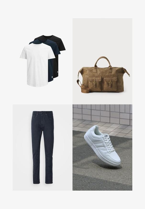 Trei tricouri cu mânecă scurtă în alb, bleumarin închis și negru. Fabricate din bumbac, cu guler rotund și margine dreaptă. Design simplu, fără modele.; Jeans din bumbac albastru închis, cu croi drept, închidere cu nasture și design cu cinci buzunare. Textură netedă și detalii minime de cusătură.; Adidași albi pentru sport cu superior din piele netedă, sistem de șireturi în față, vârf perforat și talpă cu model. Design minimalist cu trei dungi laterale.; Geantă de voiaj din piele maro, cu două buzunare frontale, curea de umăr ajustabilă, accesorii aurii și mânere superioare rezistente. Textură netedă.
