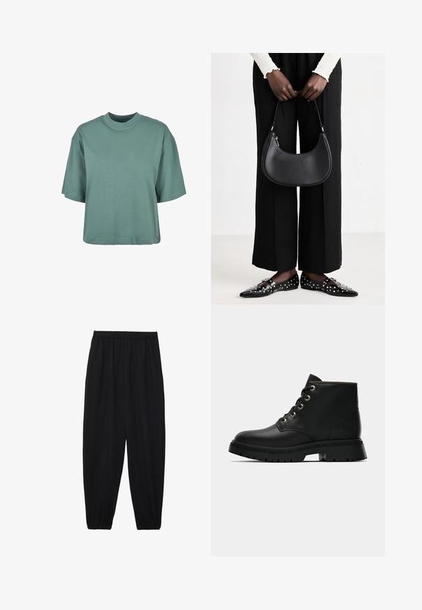 Koszulka z krótkim rękawem, luźno dopasowana, w miękkiej, stonowanej turkusowej bawełnie. Posiada okrągły dekolt oraz prosty dół, bez widocznych wzorów czy akcentów.; Czarne, lekkie spodnie z elastycznym pasem i ściągaczami na kostkach. Materiał jest gładki i ma luźny, zwężany krój.; Czarne skórzane botki za kostkę z okrągłym noskiem, złotymi oczkami i teksturowaną podeszwą. Posiadają wyściółkę przy kostce oraz charakterystyczne logo z boku.; Czarna skórzana torba na ramię o zaokrąglonym kształcie, z połyskującym wykończeniem i srebrnymi akcentami. Osoba w czarnych spodniac wyszczuplających i znaczonymi loafersami.