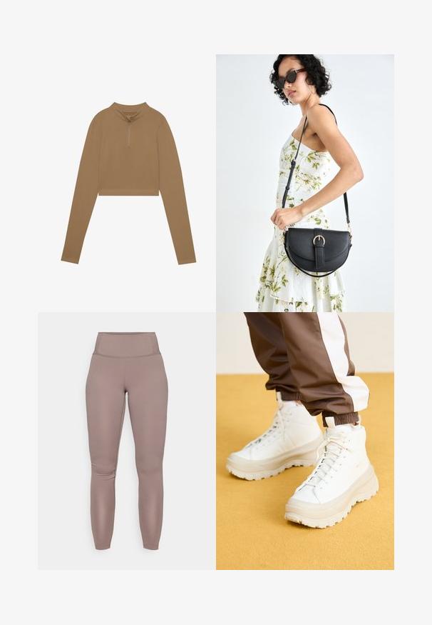 Brown, cropped long-sleeve top with a high collar and half zip. Made from a textured fabric, featuring fitted sleeves and minimal design details.; High-waisted, form-fitting leggings in a solid taupe color, featuring smooth, stretchy fabric and a clean, seamless design.; White high-top sneakers with a chunky, textured sole, featuring a smooth upper, round toe, and tonal laces, set against a yellow background.; Black leather handbag with a curved shape, detachable strap, and gold hardware. The bag features a flap with a buckle detail.