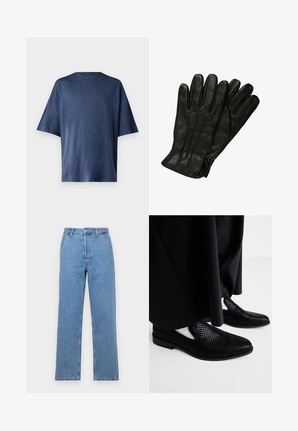 Marineblaue Kurzarm-T-Shirt aus weichem Stoff, mit klassischen Rundhalsausschnitt und lockerer Passform, ohne sichtbare Muster oder Akzente.; Helle blaue Denim-Jeans mit geradem Bein und klassischem Fünf-Taschen-Design, ausgestattet mit einem vorderen Knopfverschluss und Gürtelschlaufen. Glatte Textur.; Schwarze perforierte Slipper mit flacher Sohle und glatter Textur. Minimalistisches Design mit seitlichen Ausschnitten. Kombiniert mit schwarzen Hosen.; Schwarze Lederhandschuhe mit glatter Textur, fünf Fingern und dezenten Nähdetails. Klassisches Design, geeignet für den Einsatz bei kaltem Wetter.