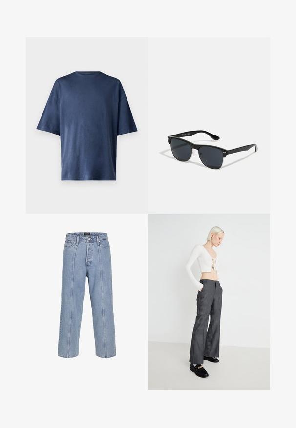 Marineblauwe T-shirt met korte mouwen, gemaakt van zachte stof, heeft een klassieke ronde hals en een relaxed fit, zonder zichtbare patronen of accenten.; Lichtblauwe denim jeans met een losse pasvorm, wijde benen en zichtbare stiksels. Voorzien van een knoop- en ritsluiting, vijf zakken.; Witte geribbelde cropped top met strikdetail, gedragen bij grijze gestreepte wijde broek. Model draagt zwarte loafers met gouden accenten en staat op een effen achtergrond.; Zwarte zonnebril met een rechthoekige vorm, donkere lenzen, zilveren accenten bij de slapen en een matte afwerking op het montuur.