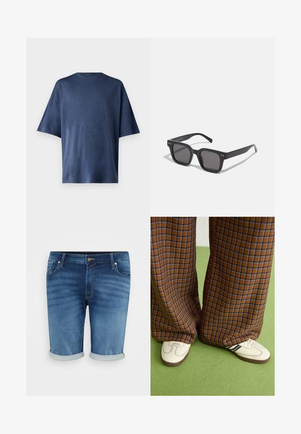 Temno modra kratka majica s kratkimi rokavi, izdelana iz mehkega materiala, ima klasičen kroj ovratnika in sproščen fit, brez vidnih vzorcev ali poudarkov.; Denim kratke hlače v srednji modri barvi z rahlim bledenjem, z gumbnim zapiranjem, petimi žepi in zavitimi manšetami za sproščen videz.; Rjave in modre kariraste hlače širokih nogavic, v kombinaciji z belimi čevlji, ki imajo črne poudarke in teksturirane podplate, na zeleni podlagi.; Črne pravokotne sončne očala s temnimi lečami, ki imajo debel okvir, subtilne poudarke na straneh in nobenih vidnih logotipov razen imena blagovne znamke.