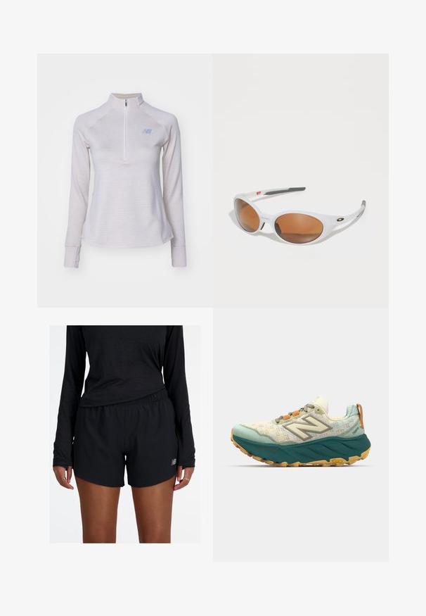 Svetlo siva dolgi rokav četrt-zip pulover z subtilnimi črtami, mehkobo teksturo in majhnim logotipom na prsih. Ima prilegaoče rokave.; Črne atletske kratke hlače z elastičnim pasom in odsevnimi logotipi. Tkanina se zdi lahka in gladka, pri čemer nudijo udoben in sproščen kroj.; Moške tekaške čevlje z lahkim mrežastim zgornjim delom v krem in teal barvi, udobnim turkiznim podplatom ter oranžnimi vezalkami z odsevno podrobnostjo.; Bele sončna očala z rjavimi lečami, ovalne oblike, narejena iz gladkega plastike, z sivo akcenti na ročajih in logotipom na okvirju.