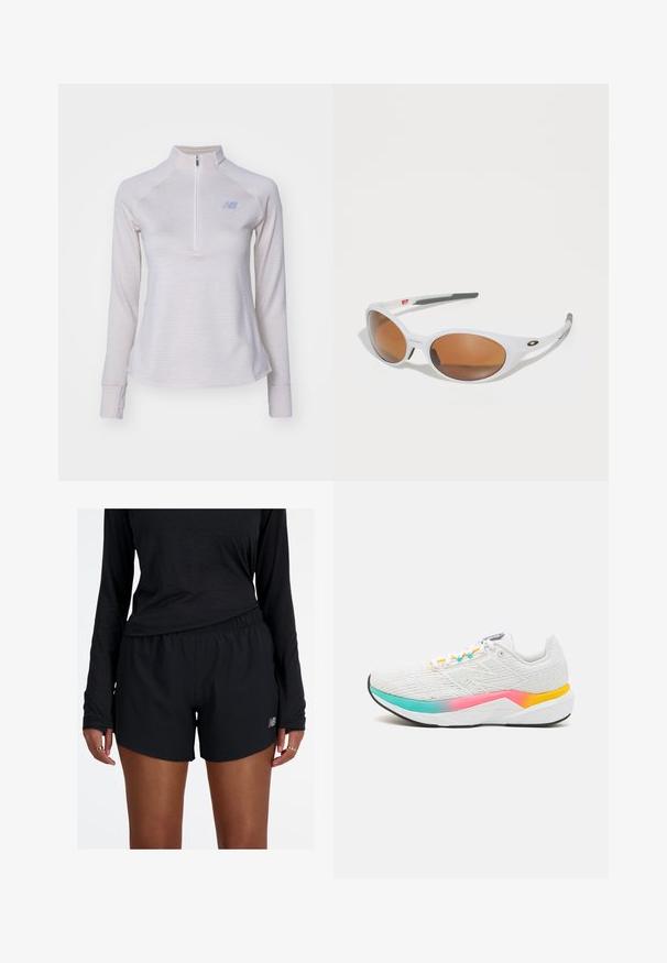 Svetlo siva dolgi rokav četrt-zip pulover z subtilnimi črtami, mehkobo teksturo in majhnim logotipom na prsih. Ima prilegaoče rokave.; Črne atletske kratke hlače z elastičnim pasom in odsevnimi logotipi. Tkanina se zdi lahka in gladka, pri čemer nudijo udoben in sproščen kroj.; Bela atletska obutev z strukturiranim blagom, barvitimi gradientnimi poudarki v roza, turkizni in rumeni barvi ter podporno zasnovo podplata.; Bele sončna očala z rjavimi lečami, ovalne oblike, narejena iz gladkega plastike, z sivo akcenti na ročajih in logotipom na okvirju.