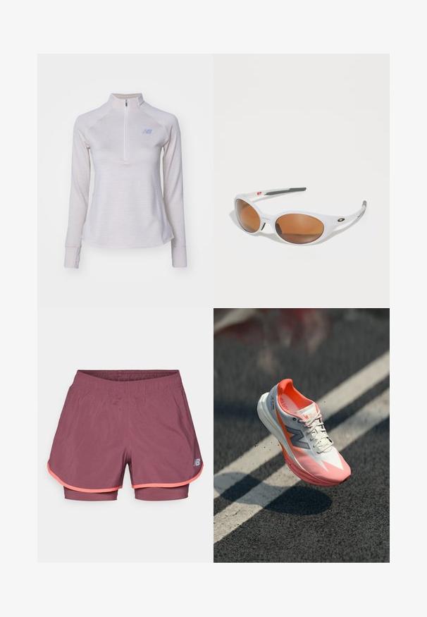 Pullover grigio chiaro a maniche lunghe con zip a quarto, con strisce sottili, texture morbida e un piccolo logo sul petto. Presenta maniche aderenti.; Pantaloni sportivi leggeri, color bordeaux, con una fodera interna. Presentano un bordo rosa a contrasto e una vita elastica per il massimo comfort.; Scarpa da corsa con una tomaia bianca e rosa, caratterizzata da una trama in mesh, dettagli riflettenti e una suola ammortizzata. Design leggero per le prestazioni.; Occhiali da sole bianchi con lenti marroni, forma ovale, realizzati in plastica liscia, con dettagli grigi sulle aste e un logo sulla montatura.