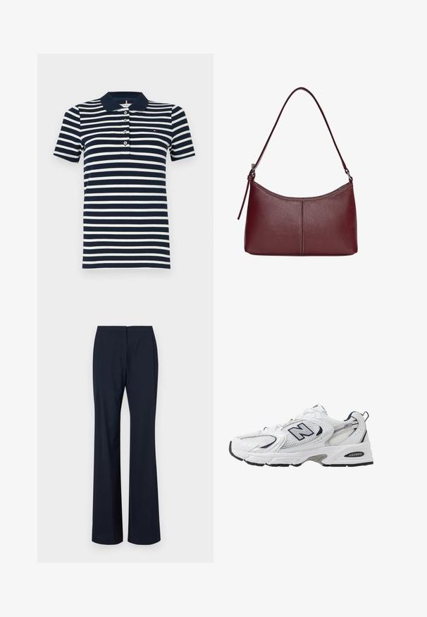 Marineblå og hvid stribet polo t-shirt med knaplukning og korteærmer; har en krave og et lille mærke logo på brystet.; Marineblå flarebukser lavet af glat stof, med en ren talje uden synlige lukninger og skræddersyede linjer for et strømlinet design.; Hvide sportsko med netoverdel, marineblå detaljer og polstret sål. Har "N" logo, snørebånd og struktureret detalje på siden.; Kastanjebrun læderhåndtaske med en buet form, en enkelt skulderrem og syninger i midten. Glat tekstur, minimal hardware.