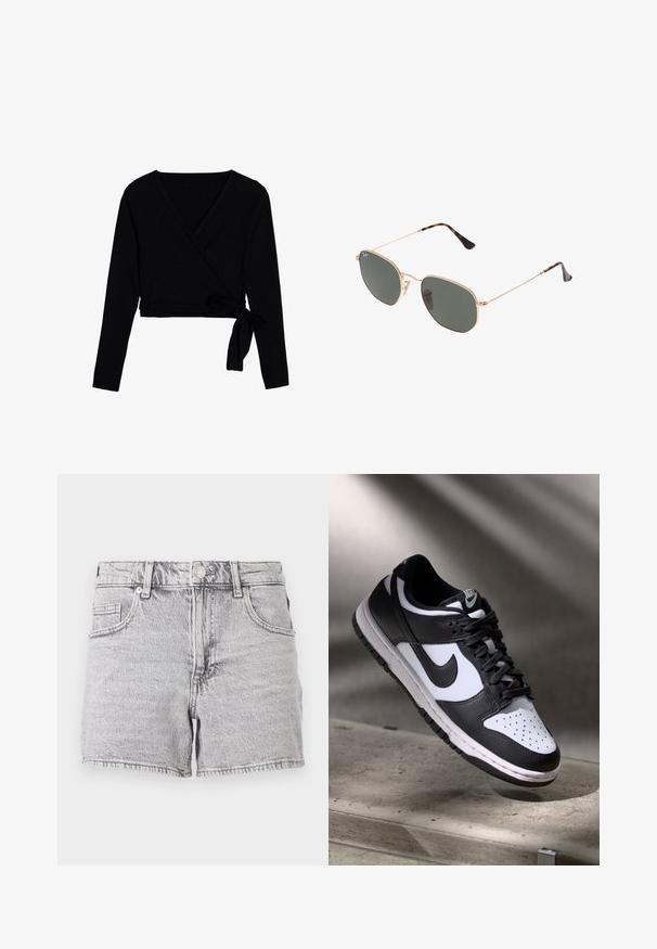 Melnā garajai piedurknēm apakšveļa, kas izgatavota no mīksta auduma, ar V-veida kakla izgriezumu, īsu garumu un sasietu mezglu sānos kā aizdari.; Pelēki denima šorti ar augsto jostasvietu, piecu kabatu dizainu un saplēstu apakšmalu. Audumam ir maiga tekstūra un nodilis izskats.; Melnbaltas Nike Dunk Low sporta apavi ar ādas augšdaļu, caurdurta pirkstu kaste un melnām šņorēm, ar baltu zoli un logo akcentiem.; Zelta metāla rāmis saulesbrilles ar tumši zaļiem stikliem, aviator stils, ar šaurām kājām un bruņu akcentiem uz galiem.; Melnā auduma soma ar ģeometrisku rakstu, izgatavota no fakturēta materiāla. Aprīkota ar stipriem rokturiem un birku, strukturēta forma.