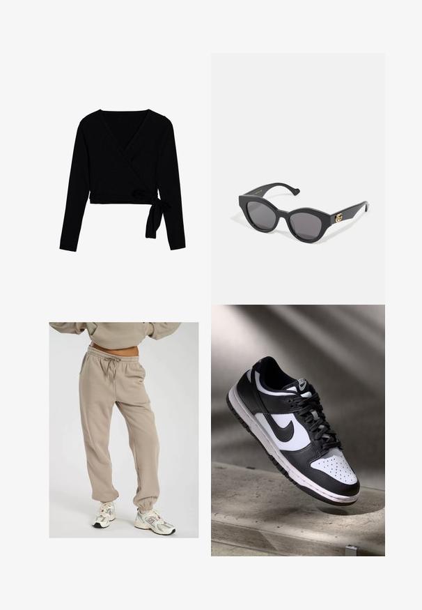 Schwarzes, langärmliges Wickeloberteil aus weich angenehmem Stoff, mit V-Ausschnitt, cropped Länge und einem seitlichen Knoten für den Verschluss.; Beige Sweatpants aus weichem Stoff, mit einem elastischen Bund und einem Kordelzug, Seitentaschen und verjüngten Bündchen an den Knöcheln.; Schwarz-weißer Nike Dunk Low Sneaker mit Lederobermaterial, perforiertem Zehenbereich und schwarzen Schnürsenkeln, ausgestattet mit einer weißen Sohle und Logo-Akzenten.; Schwarze Sonnenbrille mit einem eckigen Katzenaugen-Design, ausgestattet mit dunkeltönenden Gläsern. Goldene Logo-Akzentuierung an dem Bügel. Glatter Kunststoffrahmen.; Schwarze Tragetasche mit geometrischem Muster, aus strukturiertem Material gefertigt. Verfügt über stabile Griffe und ein Etikett, strukturierte Form.