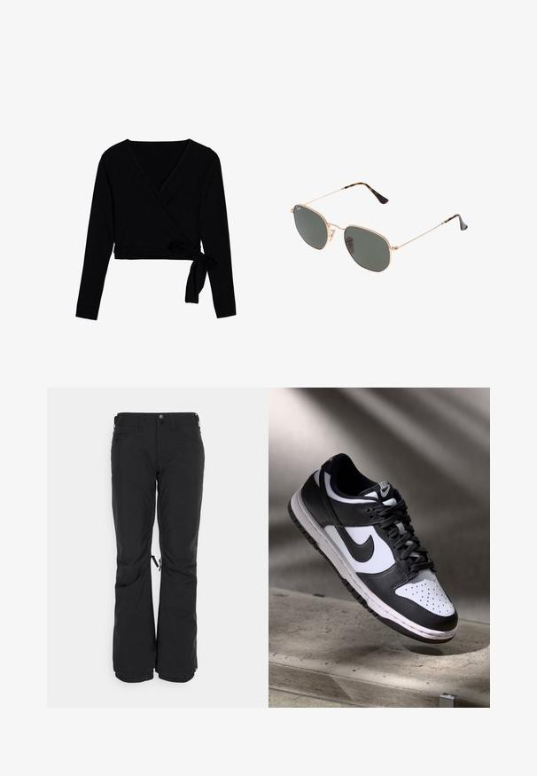 Čierny dlhý rukáv zavinovací top vyrobený z jemného materiálu, s výstrihom do V, skrátenou dĺžkou a viazaním na boku ako zapínanie.; Čierne lyžiarske nohavice vyrobené z odolného materiálu, s rovnými nohavicami, dvoma bočnými vreckami a nastaviteľnými manžetami so sťahovacími šnúrkami.; Čierno-biele tenisky Nike Dunk Low s koženým zvrškom, perforovanou špičkou a čiernymi šnúrkami, so bielou podrážkou a logovými akcentmi.; Zlaté slnečné okuliare s kovovým rámom a tmavozelenými šošovkami v aviator štýle, s úzkymi ramenami a mramorovými akcentami na koncoch.; Čierna taška cez plece s geometrickým vzorom, vyrobená z textúrovaného materiálu. Obsahuje pevné rúčky a štítok, má štruktúrovaný tvar.