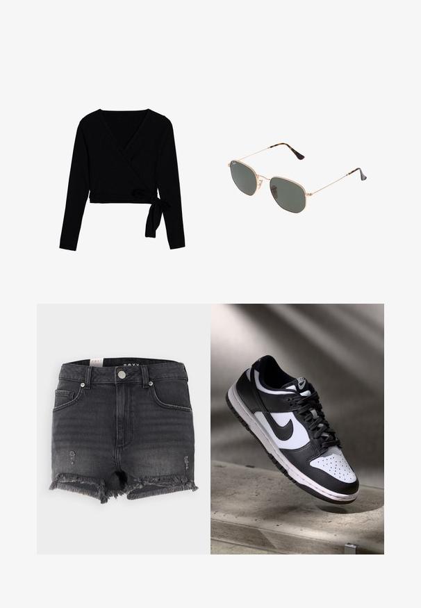Czarny długi rękaw top z owinięciem, wykonany z miękkiego materiału, z dekoltem w kształcie litery V, skróconą długością i związanym węzłem z boku jako zapięciem.; Czarne szorty dżinsowe z postrzępionym dołem, zniszczonymi detalami i metalowym zapięciem. Posiadają klasyczny krój i pięć kieszeni.; Czarno-białe sneakersy Nike Dunk Low z cholewką skórzaną, perforowanym noskiem i czarnymi sznurowadłami, z białą podeszwą i akcentami logo.; Złote okulary przeciwsłoneczne w stylu aviatora z ciemnozielonymi soczewkami, z wąskimi ramionami i akcentami w panterkę na końcach.; Czarna torba na ramię z geometrycznym wzorem, wykonana z teksturowanego materiału. Posiada wytrzymałe uchwyty i metkę, o zorganizowanej formie.