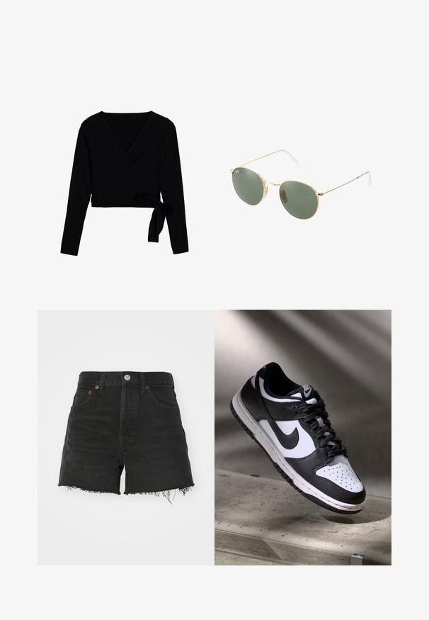 Czarny długi rękaw top z owinięciem, wykonany z miękkiego materiału, z dekoltem w kształcie litery V, skróconą długością i związanym węzłem z boku jako zapięciem.; Czarne dżinsowe szorty z wysokim stanem, postrzępionym dołem i mosiężnymi nitami. Posiadają klasyczny pięciomiejscowy fason i zapięcie na guzik.; Czarno-białe sneakersy Nike Dunk Low z cholewką skórzaną, perforowanym noskiem i czarnymi sznurowadłami, z białą podeszwą i akcentami logo.; Okulary przeciwsłoneczne w złotej metalowej oprawie z zielonymi soczewkami, o okrągłym kształcie, cienkich zausznikach i białych plastikowych akcentach na końcach ramion.; Czarna torba na ramię z geometrycznym wzorem, wykonana z teksturowanego materiału. Posiada wytrzymałe uchwyty i metkę, o zorganizowanej formie.
