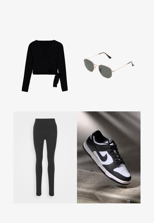 Zwarte lange mouwen wikkeltop van zacht materiaal, met een V-hals, cropped lengte en een gestrikt knoop aan de zijkant voor sluiting.; Zwarte legging met een hoge tailleband, gemaakt van soepel, rekbaar materiaal. Heeft een aansluitend ontwerp en lange pijpen.; Zwart-witte Nike Dunk Low sneaker met een leren bovenwerk, geperforeerde neus, en zwarte veters, met een witte zool en logo-accenten.; Gouden metalen zonnebril met donkergroene lenzen, aviator-stijl, met slanke scharnieren en schildpad-accenten op de uiteinden.; Zwarte draagtas met geometrisch patroon, gemaakt van textuur materiaal. Heeft stevige handgrepen en een label, gestructureerde vorm.
