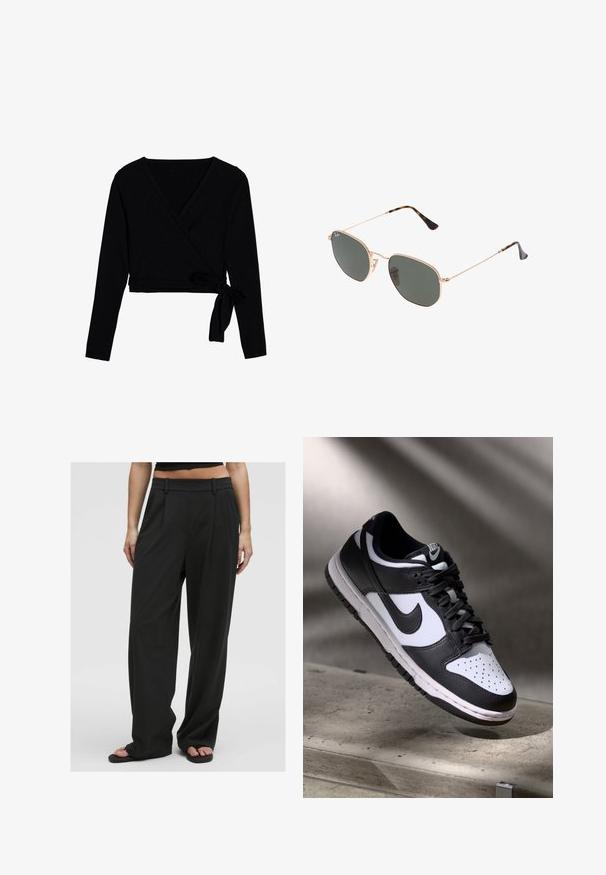 Czarny długi rękaw top z owinięciem, wykonany z miękkiego materiału, z dekoltem w kształcie litery V, skróconą długością i związanym węzłem z boku jako zapięciem.; Czarne spodnie o szerokich nogawkach z gładką fakturą, wysokim stanem, plisami z przodu i szlufkami na pasek, charakteryzujące się dopasowanym krojem i brakiem widocznych wzorów.; Czarno-białe sneakersy Nike Dunk Low z cholewką skórzaną, perforowanym noskiem i czarnymi sznurowadłami, z białą podeszwą i akcentami logo.; Złote okulary przeciwsłoneczne w stylu aviatora z ciemnozielonymi soczewkami, z wąskimi ramionami i akcentami w panterkę na końcach.; Czarna torba na ramię z geometrycznym wzorem, wykonana z teksturowanego materiału. Posiada wytrzymałe uchwyty i metkę, o zorganizowanej formie.