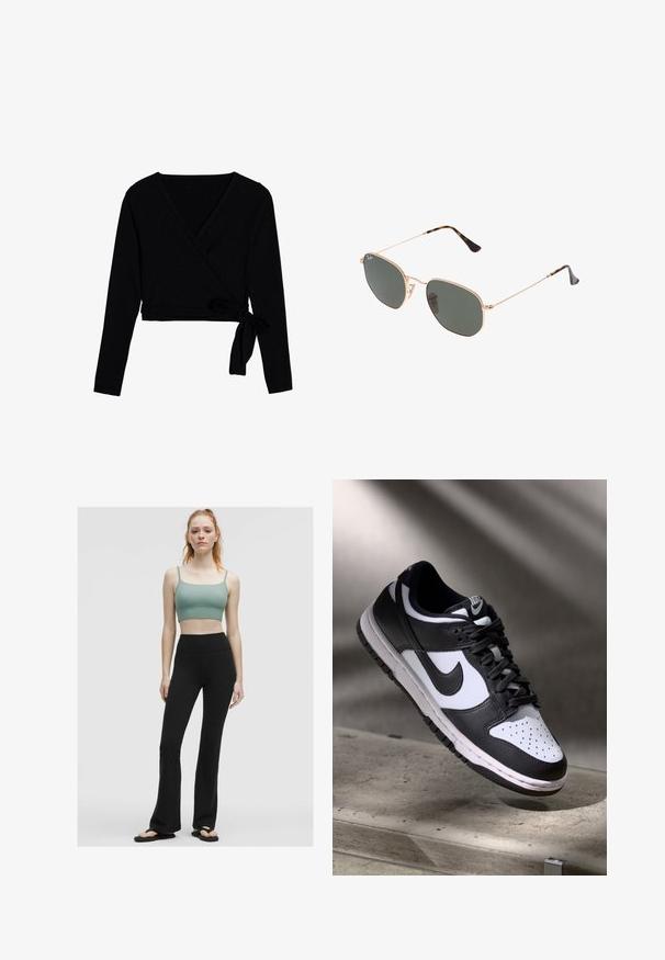 Schwarzes, langärmliges Wickeloberteil aus weich angenehmem Stoff, mit V-Ausschnitt, cropped Länge und einem seitlichen Knoten für den Verschluss.; Grünes geripptes Crop-Top mit dünnen Trägern, kombiniert mit hochgeschnittenen schwarzen Schlaghosen und schwarzen Flip-Flops vor einem neutralen Hintergrund.; Schwarz-weißer Nike Dunk Low Sneaker mit Lederobermaterial, perforiertem Zehenbereich und schwarzen Schnürsenkeln, ausgestattet mit einer weißen Sohle und Logo-Akzenten.; Goldfarbene Metallrahmen-Sonnenbrillen mit dunkelgrünen Gläsern im Pilotenstil, mit schlanken Bügeln und Schildpatt-Akzenten an den Spitzen.; Schwarze Tragetasche mit geometrischem Muster, aus strukturiertem Material gefertigt. Verfügt über stabile Griffe und ein Etikett, strukturierte Form.