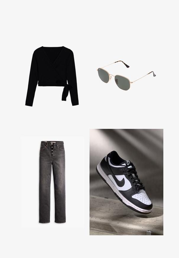 Musta pikka varrukaga kinnitatud särk pehmest kangast, millel on V-kaelus, lühike pikkus ja küljes seotud sõlm sulgemiseks.; Musthave musta kõrge vöökohtadega teksad sirge säärega, valmistatud denimist. Omab nööpvidinat, vasevärvi aksessuaare ja kontrastset õmblust.; Mustvalge Nike Dunk Low tossud nahast ülaservaga, perforatsioonidega varbakoht ja mustad kengid, valge tallaga ja logo aktsentidega.; Kuldne metallraamiga prillid tumeroheline lensega, piloot-stiil, millel on õhukesed käepidemed ja kilpkonna mustriga aktsendid otstes.; Mustmelne kott geomeetrilise mustriga, valmistatud tekstureeritud materjalist. Omab tugevaid käepidemeid ja sildikest, struktureeritud kuju.