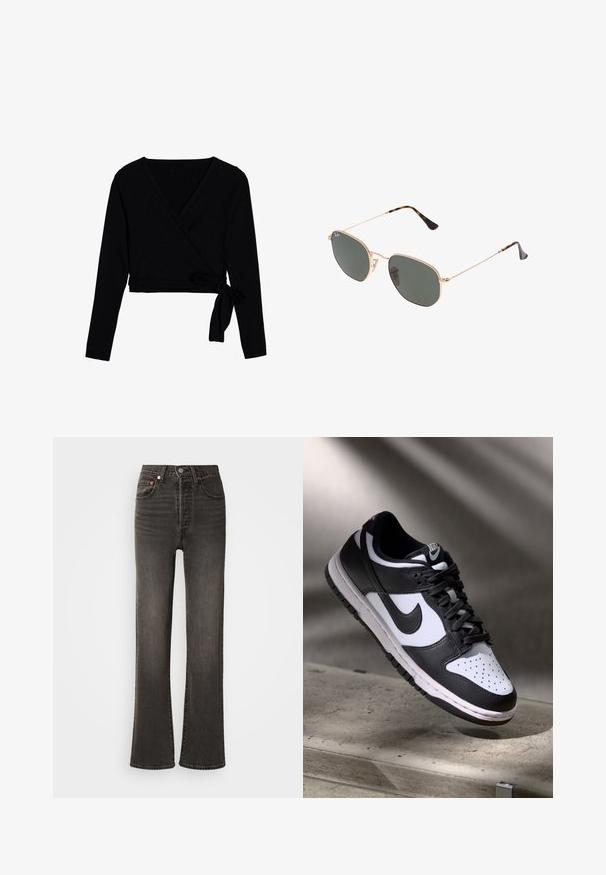Černý dlouhý rukáv wrap top vyrobený z měkké tkaniny, s V-výstřihem, zkrácenou délkou a zavázaným uzlem na boku jako zapínáním.; Tmavě šedé džíny s vysokým pasem a rovnými nohavicemi, s předním zapínáním na knoflík a zip, poutky na pásek a pěti kapsami.; Černobílé tenisky Nike Dunk Low s koženým svrškem, perforovanou špičkou a černými tkaničkami, s bílou podrážkou a akcenty loga.; Sluneční brýle s kovovým zlatým rámem a tmavě zelenými skly, styl aviatorek, s úzkými obroučkami a želvovinovými akcenty na špičkách.; Černá taška na rameno s geometrickým vzorem, vyrobená z texturovaného materiálu. Má pevné ucha a visačku, strukturovaný tvar.