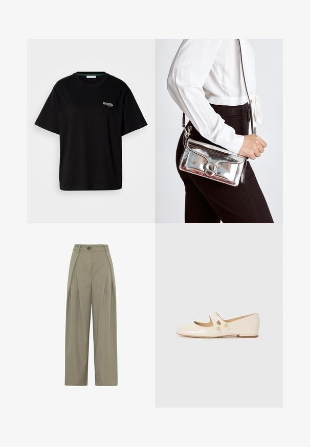 Musta puuvillapaita lyhyillä hihoilla, jossa on pieni vihreä logo vasemmassa rinnassa. Klassinen pyöreä kaula-aukko, rento malli.; Moves LAURO - Housut - fossil; Ivoire patenttanhkakengät, joissa on kaksi koristeellista nauhaa ja kultaiset napit. Kengissä on pyöristetty kärki ja matala lohkokorko.; Metallinen hopeinen käsilaukku, jossa on sileä pinta, varustettuna pyöreällä soljella, ja se on yhdistetty mustaan asuun valkoisen yläosan kanssa.