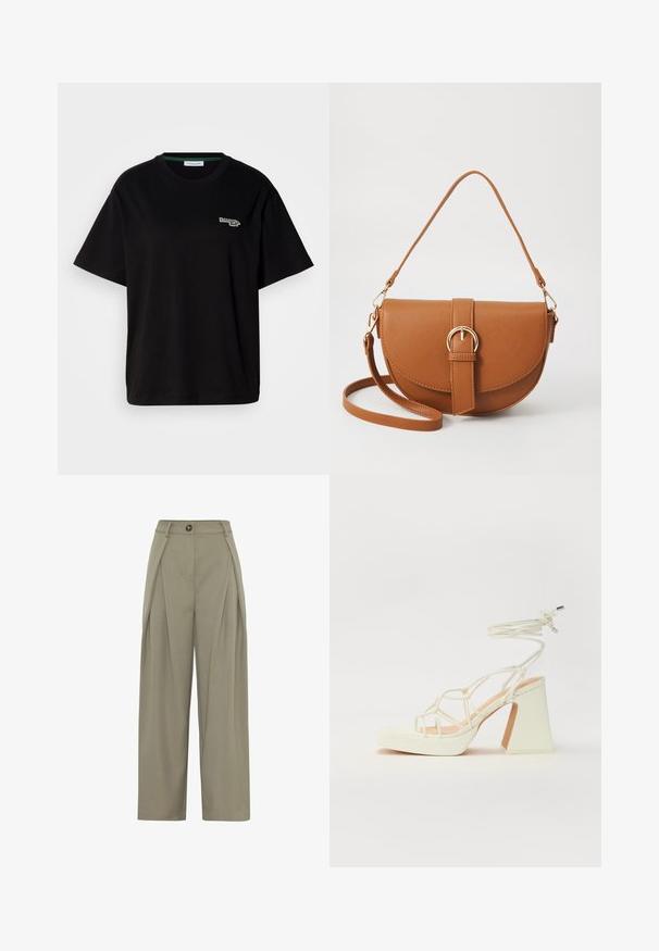Čierne bavlnené tričko s krátkymi rukávmi, s malým zeleným logom na ľavej strane hrude. Klasický okrúhly výstrih, voľný strih.; Moves LAURO - Nohavice - fossil; Biele sandále na vysokom opätku s hrubým podpätkom, s pruhovaným dizajnom a viazaním na členku. Hladký povrch s platformou vpredu pre zvýšenú výšku.; Hnedá kožená kabelka cez telo s zakriveným tvarom, zlatými kovovými doplnkami a akcentom s prackou. Obsahuje odnímateľný ramenný popruh.
