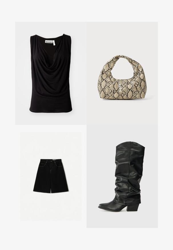 Czarny bezrękawnik z drapowanym dekoltem, wykonany z miękkiego materiału. Ma metkę z napisem "WEEKDAY" na wewnętrznej stronie dekoltu. Gładka tekstura, dopasowany krój.; Czarne szorty dżinsowe o luźnym kroju, z pięcioma kieszeniami, żółtymi przeszyciami i średnim stanem.; Czarne skórzane wysokie botki z luźnym krojem, szpiczastym noskiem i grubym obcasem, charakteryzujące się gładką fakturą i minimalnym przeszyciem.; Torebka w wężowy wzór z zakrzywionym uchwytem. Wykonana z teksturowanych, beżowych i brązowych materiałów, z charakterystycznym wzorem w diamenty.