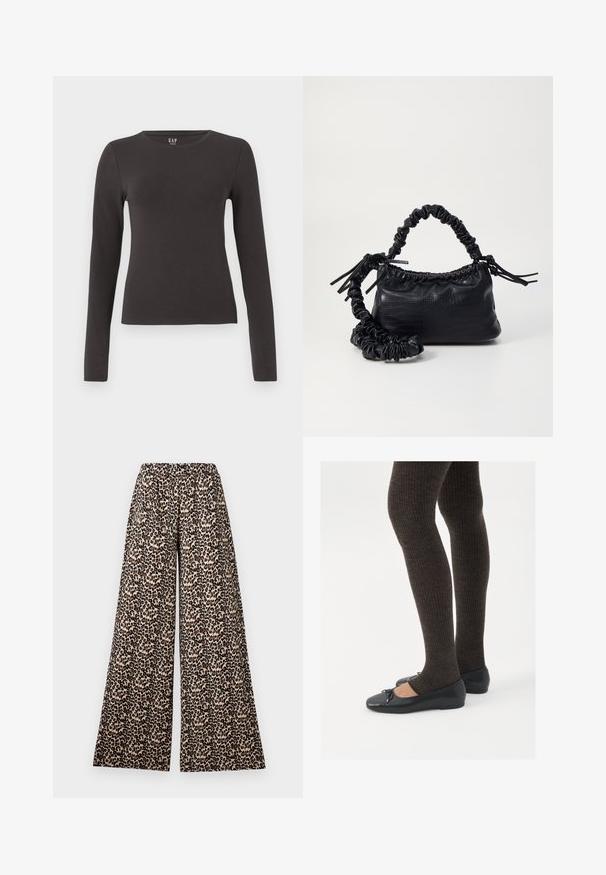 Długi rękaw top wykonany z ciemnoszarej bawełny, z okrągłym dekoltem, dopasowany krój oraz gładką teksturą. Bez wzorów ani zauważalnych akcentów.; Szerokie spodnie z elastycznym paskiem w beżowo-brązowy wzór w panterę na białym tle.; Czarne płaskie buty z małym kokardkowym detalem na palcach, zestawione z ciemnobrązowymi rajstopami w prążki. Buty mają gładką teksturę i niski profil.; Czarna torebka z syntetycznej skóry o teksturze krokodyla, z zaciąganym górnym zamknięciem i marszczonym paskiem. Wygląda na miękką i zwartą w designie.