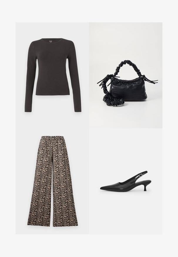 Langærmet bluse lavet af mørkegrå bomuld med rund halsudskæring, tætsiddende design og glat tekstur. Ingen mønstre eller mærkbare detaljer.; Bredde bukser med elastisk talje i beige og brun leopardmønster mod en hvid baggrund.; Sort læder slingback-sko med spids tå og en slank, buet hæl. Har en diskret justerbar rem med en metalspænde.; Sort kunstlæder håndtaske med krokodilteksur, indsnøret top og en sammenkrøben rem. Ser blød og kompakt ud i designet.