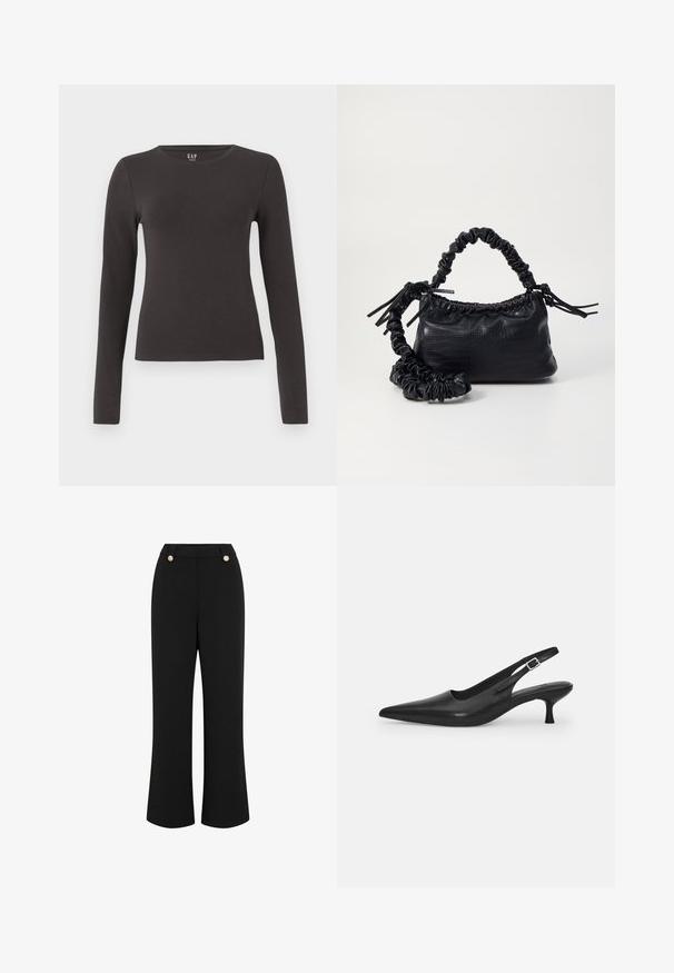 Bluza cu mânecă lungă, din bumbac gri închis, cu decolteu rotund, design ajustat și textură fină. Fără modele sau accente vizibile.; Pantaloni negri largi, cu o textură netedă, având talie înaltă, două butoane aurii și un design croșetat. Fără buzunare vizibile.; Sandal din piele neagră, cu vârf ascuțit și toc subțire, curbat. Are o curea ajustabilă discretă, cu o cataramă din metal.; Geantă din faux leather neagră cu textură de crocodil, cu partea superioară strânsă și o curea mototolită. Pare moale și compactă ca design.