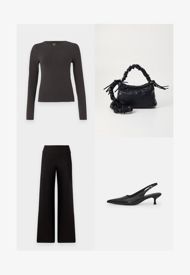 Langærmet bluse lavet af mørkegrå bomuld med rund halsudskæring, tætsiddende design og glat tekstur. Ingen mønstre eller mærkbare detaljer.; Sorte brede bukser med en glat talje, lavet af et blødt materiale. Har en løs pasform og minimale syninger.; Sort læder slingback-sko med spids tå og en slank, buet hæl. Har en diskret justerbar rem med en metalspænde.; Sort kunstlæder håndtaske med krokodilteksur, indsnøret top og en sammenkrøben rem. Ser blød og kompakt ud i designet.