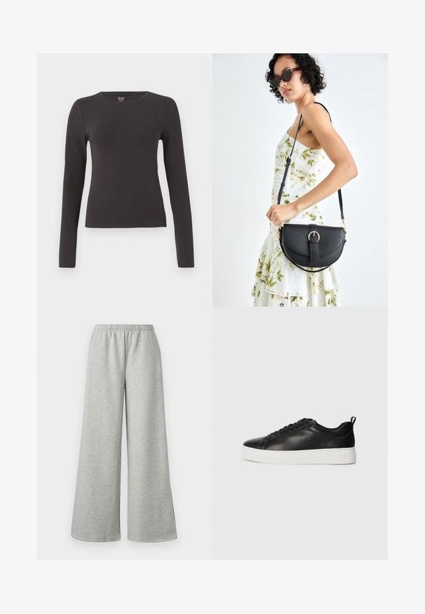 Long-sleeve top made of dark gray cotton with a crew neckline, fitted design, and smooth texture. No patterns or noticeable accents.; Light gray wide-leg pants with an elastic waistband, made of soft, stretchy fabric, featuring side slits for added airflow and comfort.; Black low-top leather sneaker with black laces and white thick rubber sole, viewed from the outer side on a white background.; Black leather handbag with a curved shape, detachable strap, and gold hardware. The bag features a flap with a buckle detail.