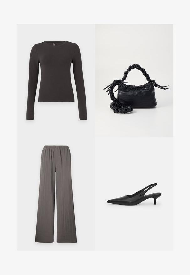 Long-sleeve top made of dark gray cotton with a crew neckline, fitted design, and smooth texture. No patterns or noticeable accents.; Wide-legged trousers in a textured, dark gray fabric. Features an elastic waistband and stitched hem.; Black leather slingback shoe with a pointed toe and a slim, curved heel. Features a discrete adjustable strap with a metal buckle.; Black faux leather handbag with a crocodile texture, cinched top, and a scrunched strap. Appears soft and compact in design.
