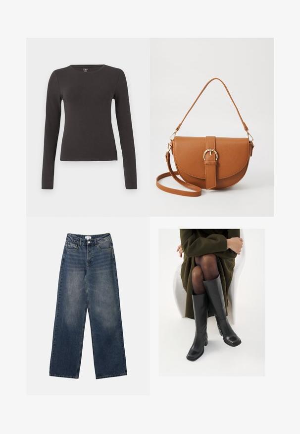 T-shirt de mangas longas feita de algodão cinza escuro com gola redonda, design justo e textura suave. Sem padrões ou acentos notáveis.; Jeans de denim azul de cintura alta para homens, com pernas largas, fecho frontal com botão e zip, e bolsos frontais e traseiros.; Botas de couro pretas até ao joelho com biqueira quadrada e salto em bloco, apresentadas com um modelo sentado num casaco verde-azeitona. Textura lisa, com detalhes mínimos.; Bolsa transversal de couro castanho com um formato curvado, ferragens douradas e um detalhe de fivela. Inclui uma alça de ombro destacável.