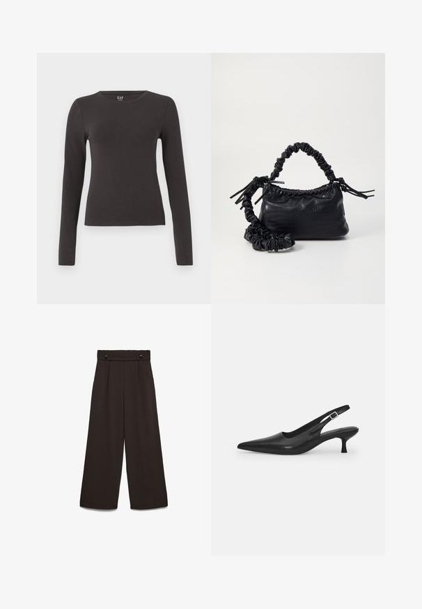 Langarmshirt van donkergrijze katoen met een ronde hals, getailleerd ontwerp en een gladde textuur. Geen patronen of opvallende accenten.; Wijde broekspijpen van donkerbruine stof, met een hoge tailleband, twee steekzakken aan de voorkant en twee knopen aan de voorkant als sluiting. Gladde textuur.; Zwarte leren slingback schoen met een puntige neus en een slanke, gebogen hak. Voorzien van een discrete verstelbare band met een metalen gesp.; Zwarte nepleer handtas met een krokodillenstructuur, opgedroogde bovenkant en een gekreukte hengsel. Het lijkt zacht en compact van ontwerp.