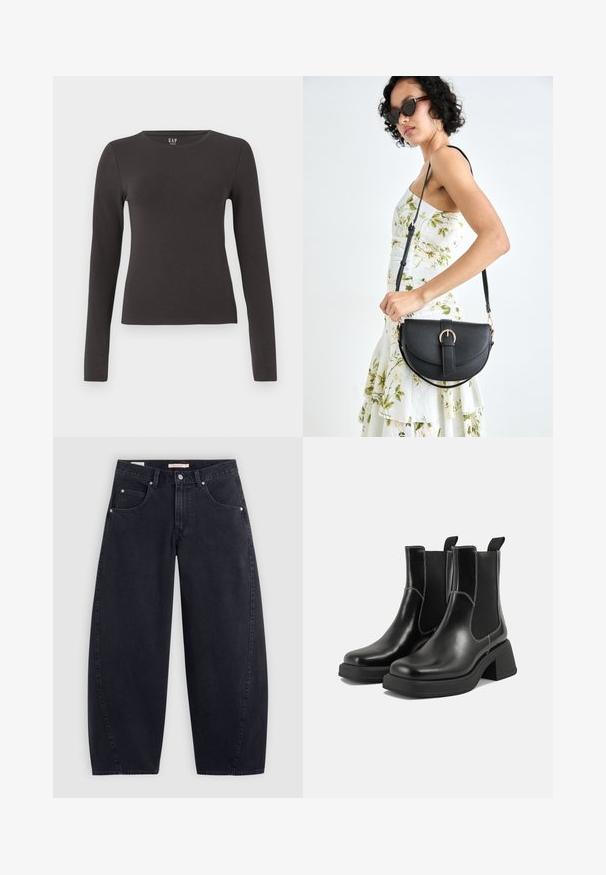 Long-sleeve top made of dark gray cotton with a crew neckline, fitted design, and smooth texture. No patterns or noticeable accents.; Black denim wide-leg jeans with a high waist, two front pockets, and silver hardware. Smooth texture, minimal stitching details, and straight cut.; Black leather Chelsea boots with a chunky heel, elastic side panels, and contrasting white stitching. Textured finish.; Black leather handbag with a curved shape, detachable strap, and gold hardware. The bag features a flap with a buckle detail.