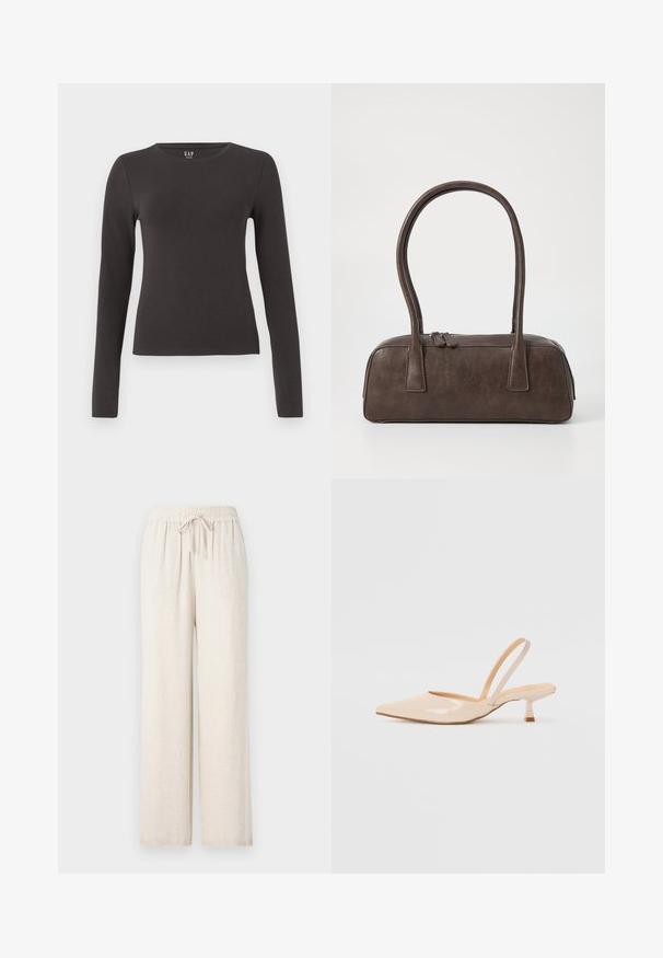 Langermet topp laget av mørkegrå bomull med rund hals, tettsittende design og glatt tekstur. Ingen mønstre eller merkbare detaljer.; Lys beige, vide bukser laget av et mykt, teksturert materiale. Har en elastisk linning med snøring for justering.; Beige patenterte lærremmer med spiss tå og slank, firkantet hæl. Glatt tekstur og minimalistisk design uten dekorasjoner.; Brun lærveske med to robuste håndtak, rektangulær form, jevn tekstur og glidelås. Minimalistisk design uten synlige mønstre.