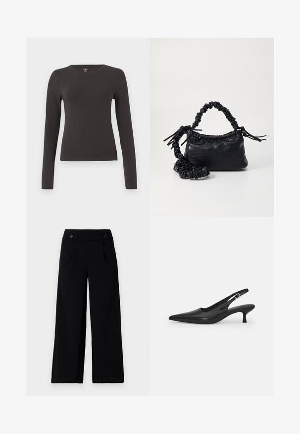 Ilgų rankovių marškiniai, pagaminti iš tamsiai pilkos medvilnės, su apvalia iškirpte, prigludusia forma ir lygiu paviršiumi. Be raštų ar akivaizdžių akcentų.; Juodos plačios kelnes su lygia priekyje, šoninėmis kišenėmis ir dviem sagomis juosmens srityje. Sklandus audinys su subtiliu blizgesiu.; Juodos odinės slingback bateliai su smailiu nosiu ir plonu, lenktu kulnu. Yra diskretiška reguliuojama juostelė su metaliniu sagtimi.; Juodas dirbtinės odos rankinė su krokodilo tekstūra, sušnibždinta viršuje ir susikraipytu dirželiu. Atrodo minkšta ir kompaktiška.