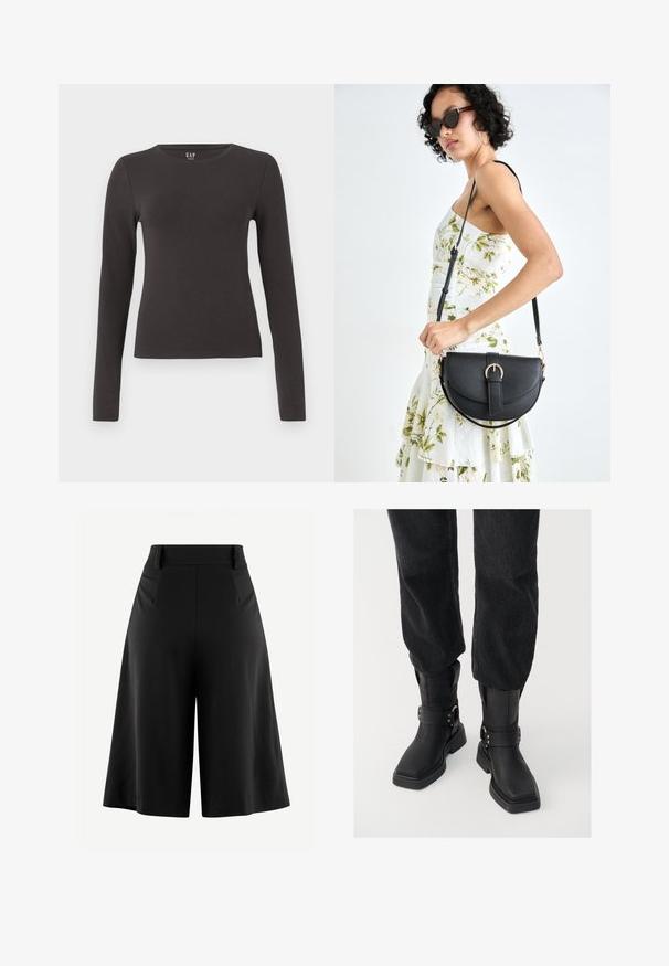 Dlouhý rukáv top vyrobený z tmavě šedé bavlny s kulatým výstřihem, přiléhavým střihem a hladkou texturou. Bez vzorů nebo výrazných akcentů.; Černé široké kalhoty s plisé vpředu, vysokým pasem a hladkou texturou látky. Vyznačují se čistým, minimalistickým designem bez viditelného kovového prvku.; Černé kožené kotníkové boty se čtveratou špičkou, vybavené širokým páskem a kovovou sponou. Boty mají chunky podešev a hladký povrch.; Černá kožená kabelka s křivkovým tvarem, odnímatelným popruhem a zlatými detaily. Kabelka má klopu s přezkou.