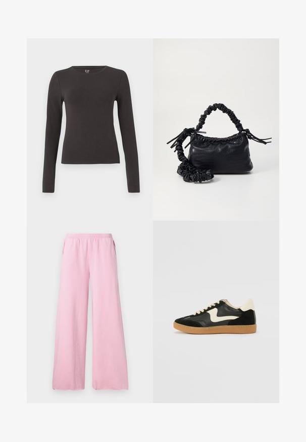 Dlhý rukáv top z tmavošedej bavlny s okrúhlym výstrihom, priliehavým strihom a hladkou textúrou. Bez vzorov alebo viditeľných akcentov.; Ružové široké nohavice vyrobené z mäkkej tkaniny s elastickým pásom a bočnými vreckami. Majú rovný, voľný strih.; Čierne semišové a kožené tenisky s krémovým bočným prešívaním a svetlo krémovou pätou. Obsahujú béžové šnúrky a podošvu z gumeného kaučuku.; Čierna umelá kožená kabelka s kroko vzorom, sťahovaným vrchom a zhnutým popruhom. Vyzerá mäkko a kompaktné v dizajne.