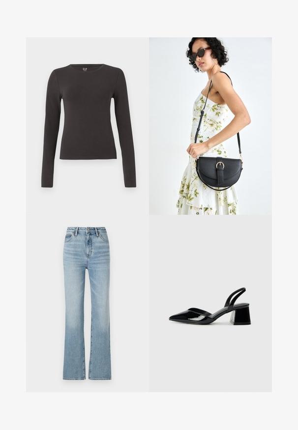 Langärmliges Oberteil aus dunkelgrauer Baumwolle mit Rundhalsausschnitt, taillierte Passform und glatter Textur. Keine Muster oder auffälligen Akzente.; Helle blaue High-Waist-Jeans aus Denim mit geradem Bein, Fünf-Taschen-Design und subtilen Abnutzungen an den Oberschenkeln.; Schwarze Lackleder-Slingback-High Heels mit spitzem Schuh und einem geometrischen Blockabsatz. Verfügt über ein schlankes, minimalistisches Design und eine glatte Textur.; Schwarze Lederhandtasche mit geschwungener Form, abnehmbarem Tragegurt und goldenen Beschlägen. Die Tasche verfügt über einen Deckel mit einer Schnallen-Details.