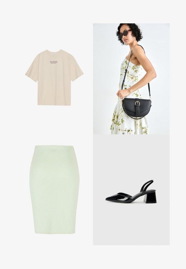 T-shirt en coton beige à manches courtes et col rond, avec un graphique "YELLOWSTONE" en violet et bleu centré sur la poitrine.; Jupe crayon en tricot de couleur vert menthe clair avec une texture à côtes verticales, forme ajustée et ceinture lisse. Idéale pour une tenue décontractée ou formelle.; Escarpins en cuir verni noir avec bout pointu et talon bloc géométrique. Présente un design élégant et minimaliste ainsi qu'une texture lisse.; Sac à main en cuir noir avec une forme courbée, bandoulière amovible et des accessoires en or. Le sac est doté d'un rabat avec un détail de boucle.